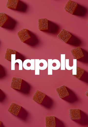 The happly logo on a purple background with gummies arranged in a circle.