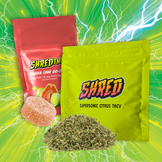 A Shred gummy bag and a Shred pre-milled flower bag, both with THCV products.